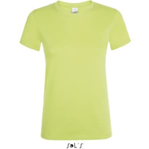 A women's t-shirt made from 100% semi combed ring spun cotton in bright lime green, featuring a logo.