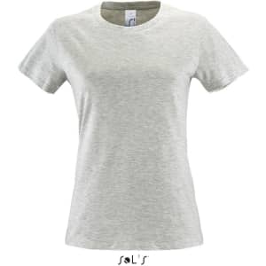 A women's T-shirt made from 100% semi-combed ring spun cotton, in a light grey colour, featuring a logo.