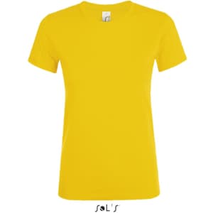 A women's T-shirt in bright yellow, made from 100% semi-combed ring-spun cotton, featuring a brand logo.
