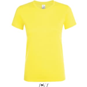 A yellow women's t-shirt made from 100% semi-combed ring spun cotton, featuring a logo.