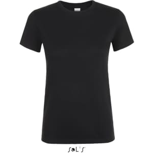 A women's t-shirt in black, made from 100% semi-combed ring-spun cotton, featuring a logo.