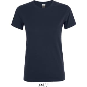 A navy blue women's T-shirt made of 100% semi-combed ring spun cotton, featuring a logo at the bottom.