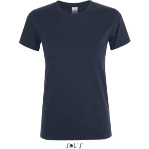 A women's T-shirt in navy blue, made from 100% semi-combed ring-spun cotton, featuring a logo.