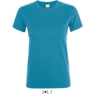 A women's T-shirt in vibrant turquoise, made from 100% semi-combed ring-spun cotton, featuring a branding logo.