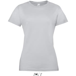 A women's T-shirt in light grey, made from 100% semi-combed ring spun cotton, featuring a logo.