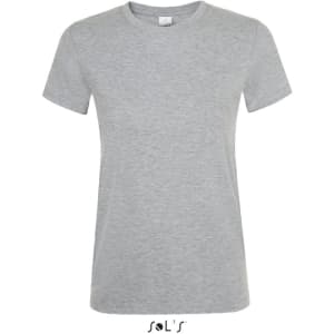 A grey women's T-shirt made from 100% semi combed ring spun cotton, featuring a branding logo.