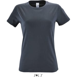 A women's T-shirt in dark grey, made from 100% semi-combed ring spun cotton, featuring a logo.