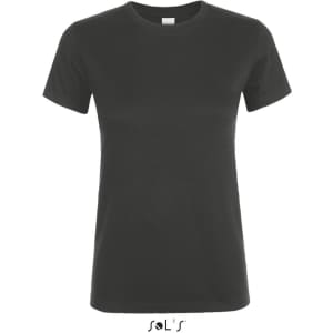 A women's T-shirt in dark grey, made from 100% semi-combed ring spun cotton, featuring a logo.