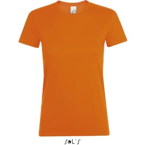 A women's T-shirt made of 100% semi-combed ring spun cotton in vibrant orange, featuring a logo.