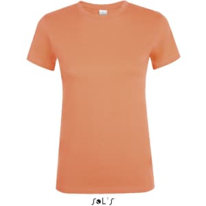 An orange women's T-shirt made of 100% semi-combed ring spun cotton, featuring a logo.