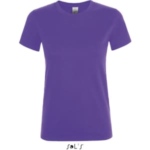 A women's T-shirt in purple, made from 100% semi-combed ring-spun cotton, featuring a logo.