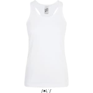 A white women's tank top made of 100% combed ring spun cotton, featuring a logo.