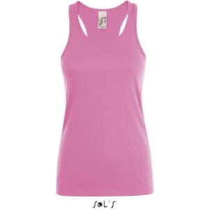 A pink women's tank top made from 100% combed ring spun cotton, featuring a logo.