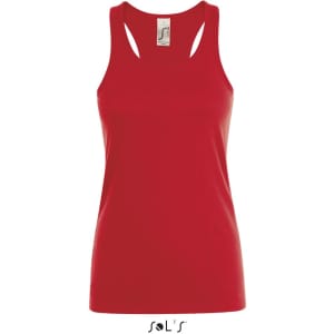 A red women's tank top made from 100% combed ring-spun cotton, featuring a logo.