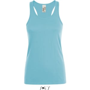 A light blue women's singlet made of 100% combed ring spun cotton, featuring a logo.