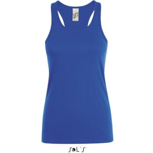 A women's singlet/tank top in vibrant blue, made from 100% combed ring spun cotton. It features a logo.