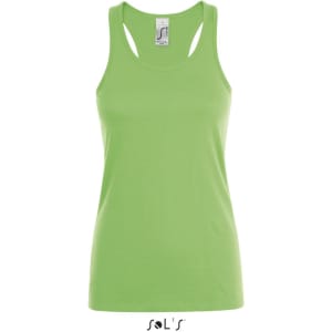A green women's singlet made from 100% combed ring spun cotton, featuring a logo on the brand label.