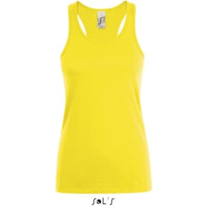 A women's singlet in bright yellow, made from 100% combed ring spun cotton, featuring a logo.