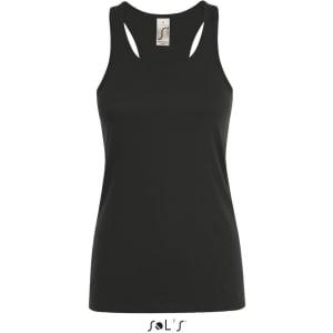 A women's tank top in black, made from 100% combed ring spun cotton, featuring a logo at the bottom.