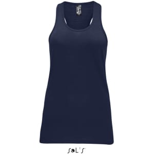 A women's singlet in navy blue made from 100% combed ring spun cotton, featuring a brand logo.