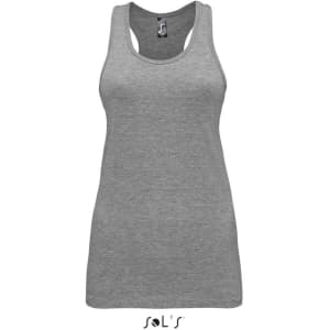 A grey women's tank top made from 100% combed ring spun cotton, featuring a logo.