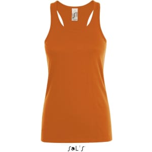 A women's tank top in a vibrant orange colour made from 100% combed ring spun cotton. It features a logo on the bottom.