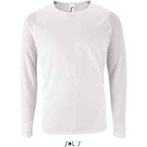 A long sleeve men's T-shirt in white, made from 100% breathable polyester, featuring a logo.