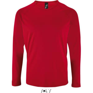 A long sleeve men's T-shirt in vibrant red, made of 100% breathable polyester, featuring a logo.