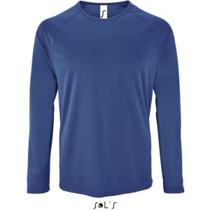 A long sleeve men's T-shirt in a deep blue colour, made from 100% breathable polyester, featuring a logo.