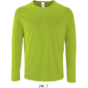 A long sleeve men's T-shirt in vibrant lime green, made from 100% breathable polyester, featuring a logo.