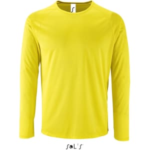 A long sleeve men's T-shirt in bright yellow, made from 100% breathable polyester, featuring a logo.