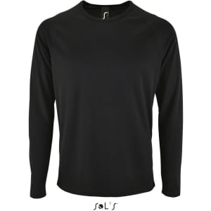 A black long sleeve T-shirt made of 100% breathable polyester with a logo.