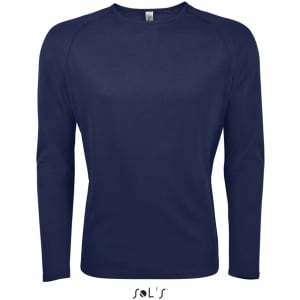A long sleeve men's T-shirt in navy blue made from 100% breathable polyester, featuring a logo at the bottom.