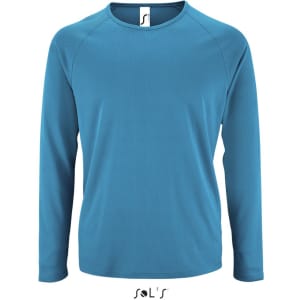 A long sleeve men's T-shirt in blue, made from 100% breathable polyester, featuring a logo on the label.