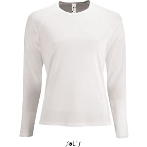A long-sleeve women's T-shirt in white, made from 100% breathable polyester, featuring a logo.