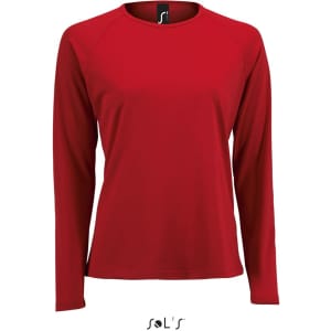 A long-sleeve women's T-shirt in vibrant red, made from 100% breathable polyester, featuring a logo.