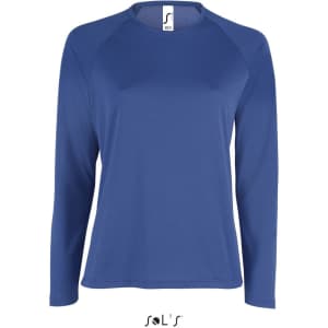 A long sleeve women's T-shirt in blue, made from 100% breathable polyester. Features a logo.