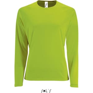 A long sleeve women's T-shirt in bright lime green, made from 100% breathable polyester, featuring a logo.
