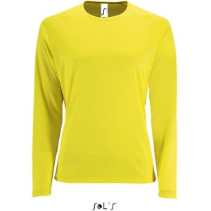 A bright yellow long sleeve women's T-shirt made from 100% breathable polyester, featuring a logo.
