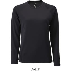 A long sleeve women's T-shirt in black, made from 100% breathable polyester, featuring a logo.