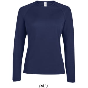 A long sleeve women's T-shirt in navy blue, made of 100% breathable polyester, featuring a logo.