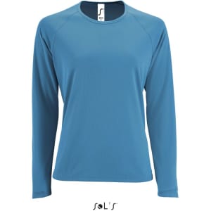A long sleeve women's T-shirt in a light blue colour made from 100% breathable polyester, featuring a logo.