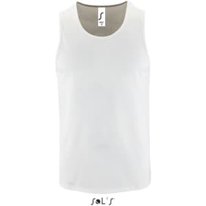 A white men's tank top made from 100% breathable polyester, featuring a logo label at the neckline.