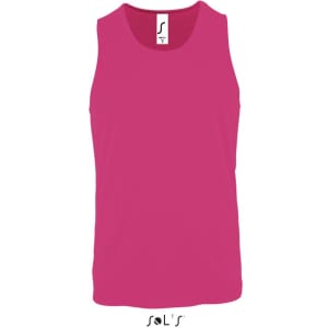 A pink men's tank top made of 100% breathable polyester, featuring a logo at the neckline.