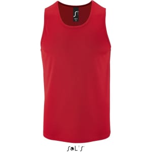A red men's singlet made from 100% breathable polyester, featuring a logo at the neckline.