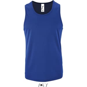 A men's sporty singlet in blue, made of 100% breathable polyester, featuring a logo.