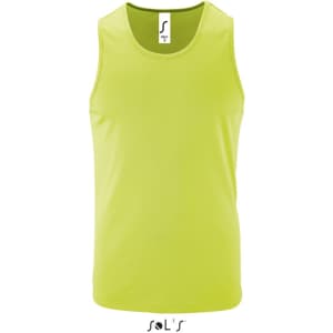 A bright yellow men's singlet made of 100% breathable polyester, featuring a logo at the neck.
