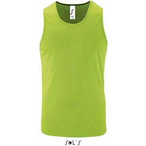 A men's tank top in bright green, made from 100% breathable polyester, featuring a logo.