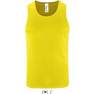A bright yellow men's tank top made from 100% breathable polyester, featuring a logo.