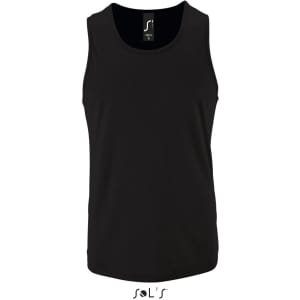 A black men's singlet made from 100% breathable polyester, featuring a branding logo.